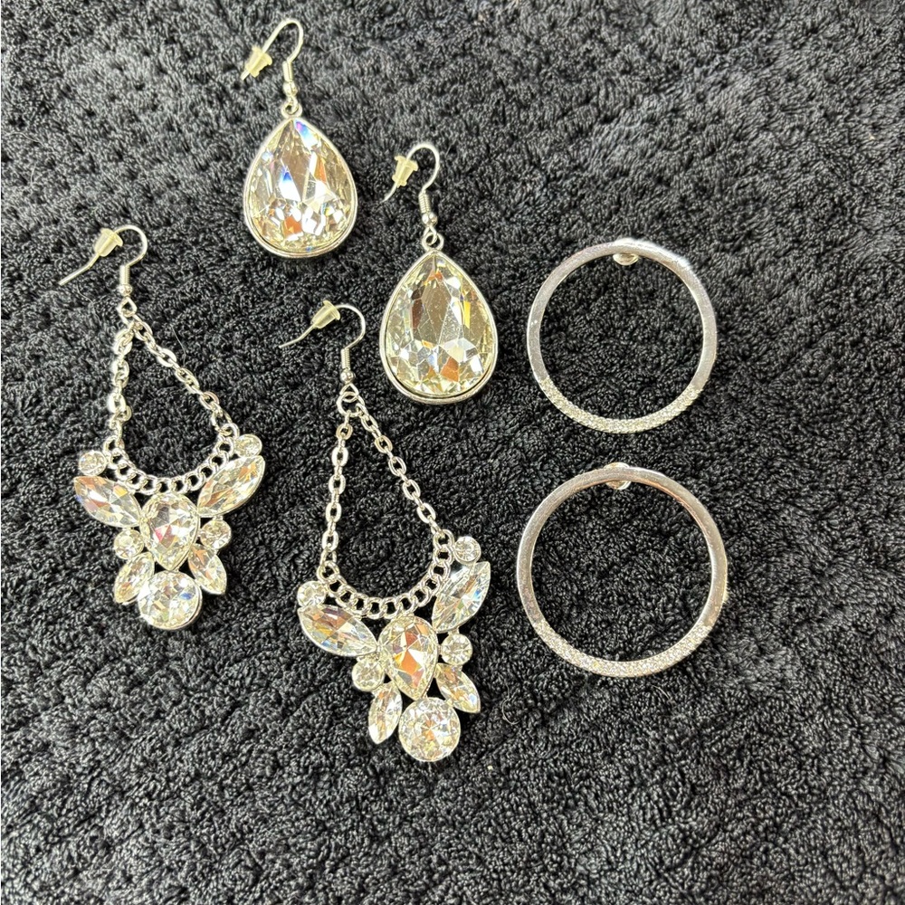 Crystal Drop and Hoop Earrings Set - Silver Tone